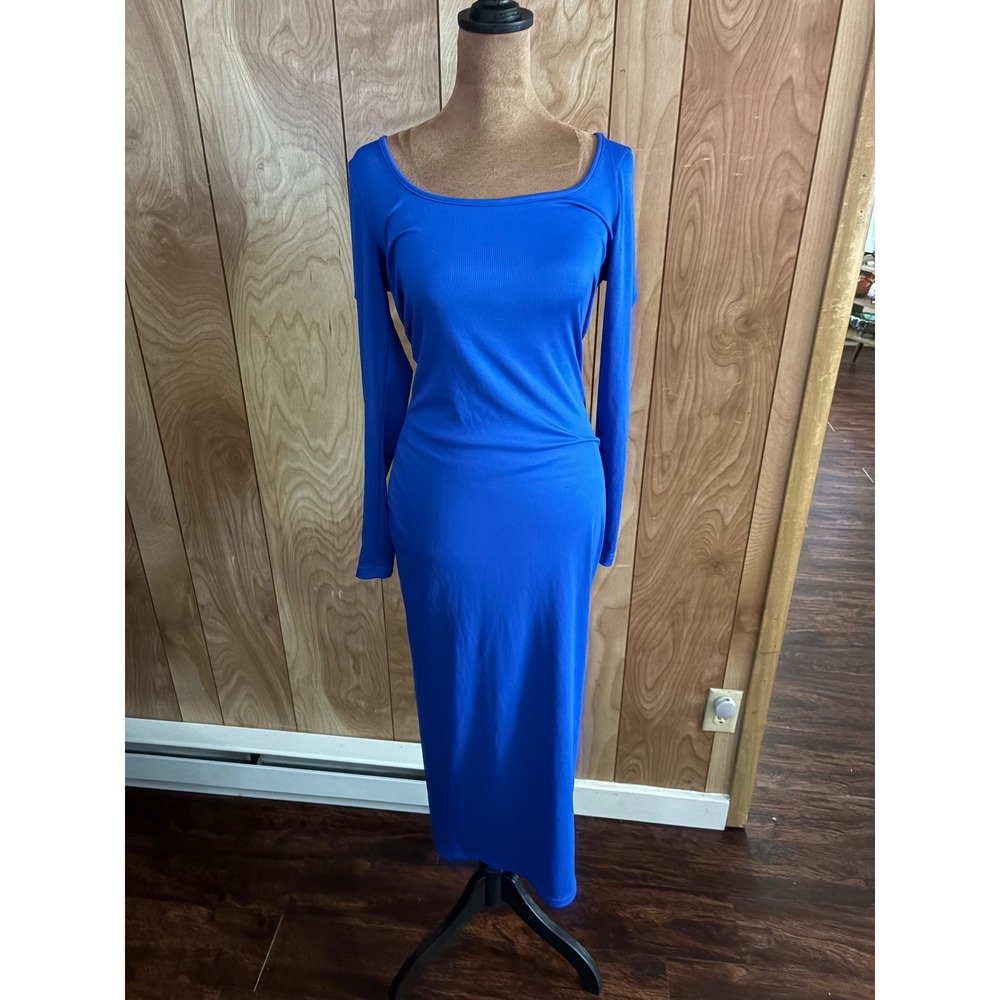 SHEIN‎ Royal Blue Ribbed Long Sleeve Scoop Neck Bodycon Maxi Dress Small